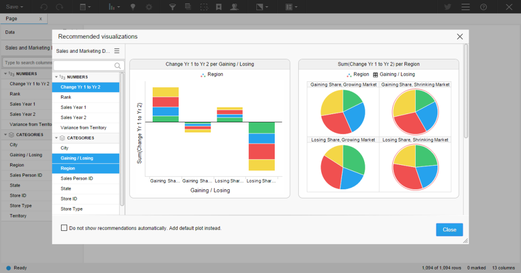 As you select different data, Recommendations automatically selects new visualizations appropriate to your chosen data
