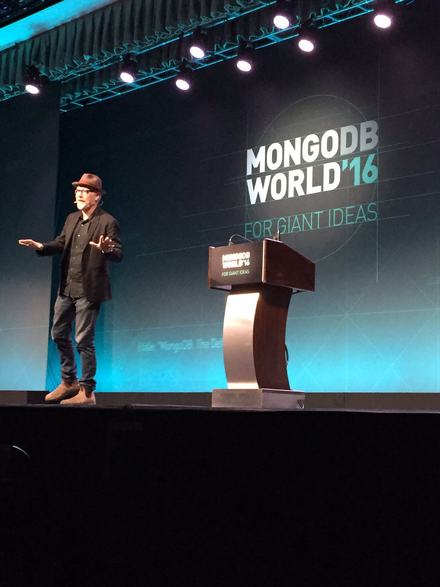 Adam Savage on stage at MongoDB World 16 (photo courtesy of Noel Yuhanna)